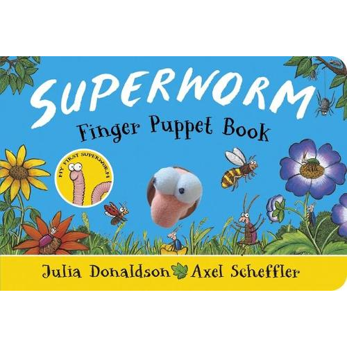 Superworm finger puppet book cover with illustrations of a worm, flowers, and insects on a blue background.