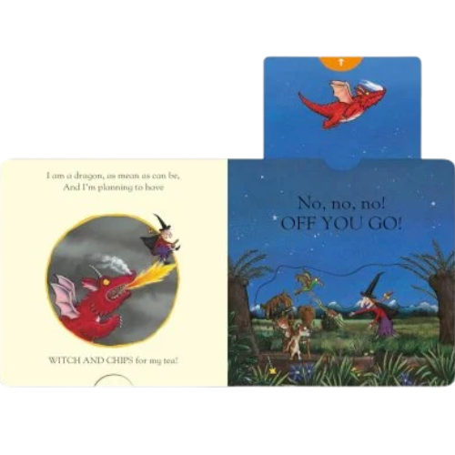 Illustrated book pages with a dragon and witch, featuring text and colorful artwork.