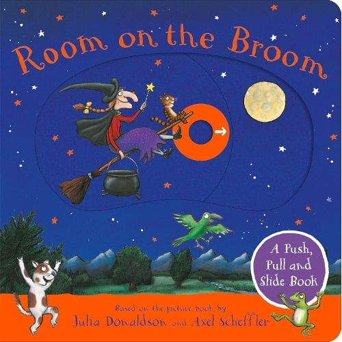 Cover of 'Room on the Broom' book with witch, tiger, and bird illustrations against a night sky.