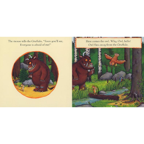 Illustration from a children's book featuring the Gruffalo and an owl in a forest setting.