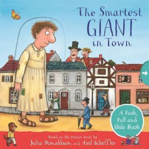 Book cover of 'The Smartest Giant in Town' with a cartoon character and buildings.
