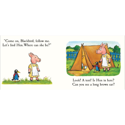 Illustration from a children's book with pigs and a tent, featuring text.