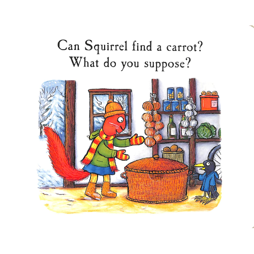 Illustration of a squirrel and a bird in a kitchen setting with text asking if the squirrel can find a carrot.