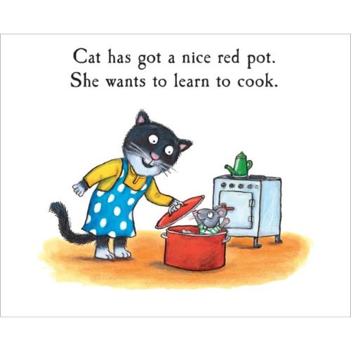 Illustration of a cat with a red pot and oven, text above about learning to cook.