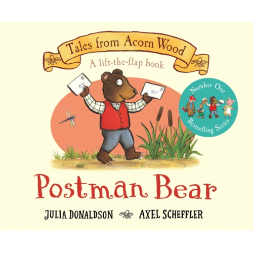 Book cover of 'Postman Bear' from 'Tales from Acorn Wood' series with a bear holding letters.