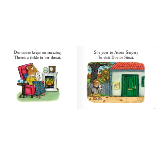 Illustration from a children's book showing a character sneezing and visiting a doctor.