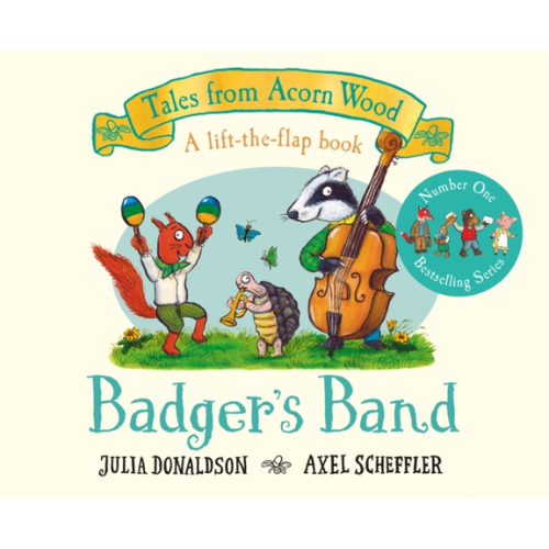 Book cover of 'Badger's Band' from 'Tales from Acorn Wood' with illustrations of animals playing music.