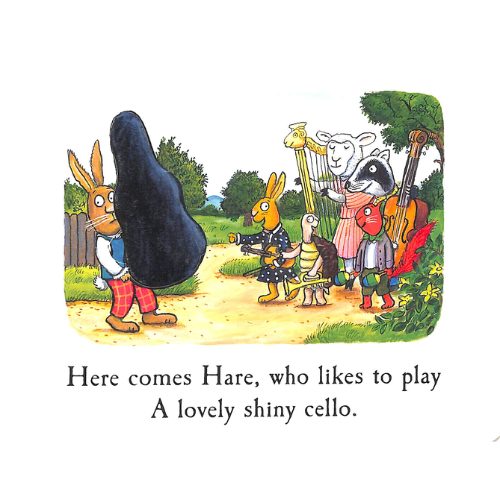 Illustration of animals with musical instruments and text about a hare playing a cello.
