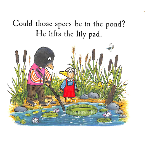 Illustration of a penguin and a duck by a pond with text asking if spectacles are in the water.