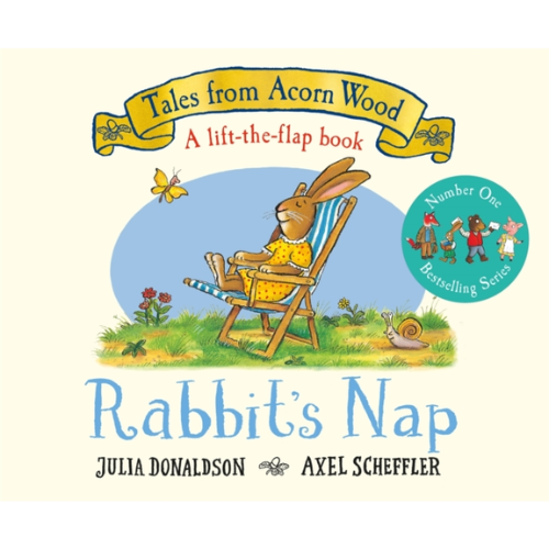 Book cover of 'Rabbit's Nap' with a rabbit in a chair and butterfly, featuring Julia Donaldson and Axel Scheffler.