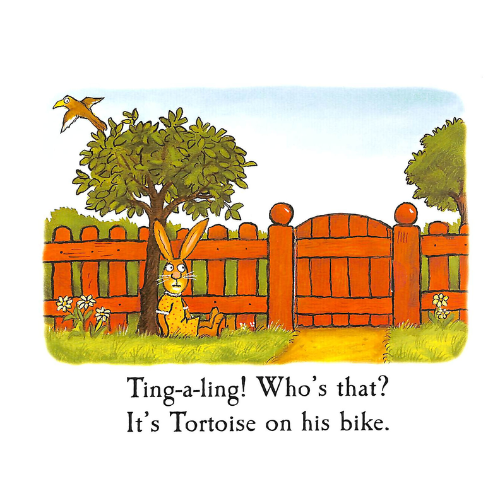 Cartoon rabbit by a fence with a tree, text 'Ting-a-ling! Who's that? It's Tortoise on his bike.'