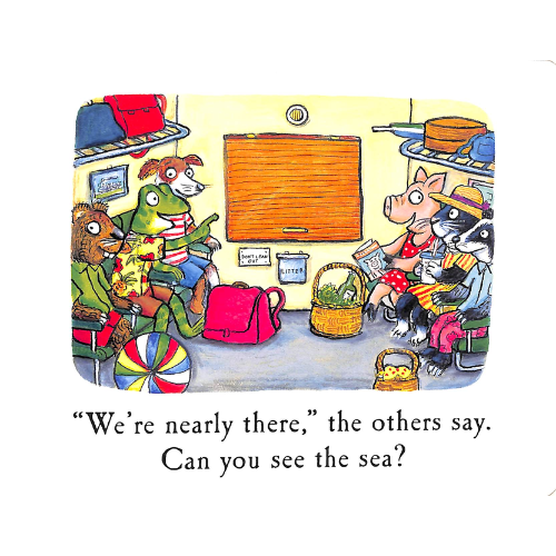 Illustration of animals in a classroom with text 'We're nearly there, the others say. Can you see the sea?'