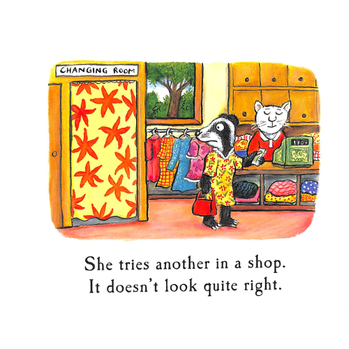 Illustration of a raccoon and a cat in a changing room with text 'She tries another in a shop. It doesn't look quite right.'