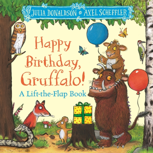 Book cover of 'Happy Birthday, Gruffalo!' with illustrations of characters and balloons.