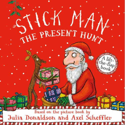Book cover of 'Stick Man: The Present Hunt' with Santa Claus and a reindeer on a red background.