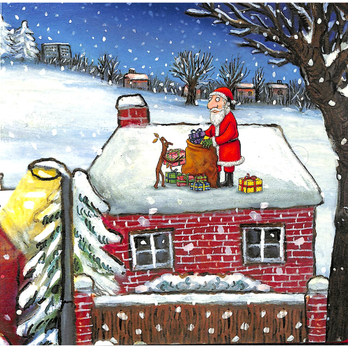 Illustration of Santa Claus on a roof with reindeer and presents, snow falling