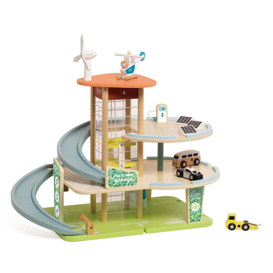 Toy power station with cars and tracks on a white background