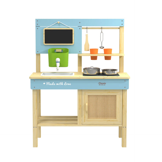Children's play kitchen set with blue top and beige base on a white background