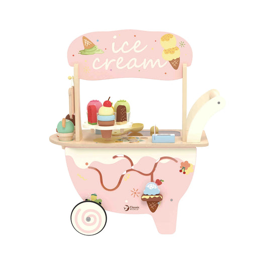 Toy ice cream cart with various ice cream cones on a white background
