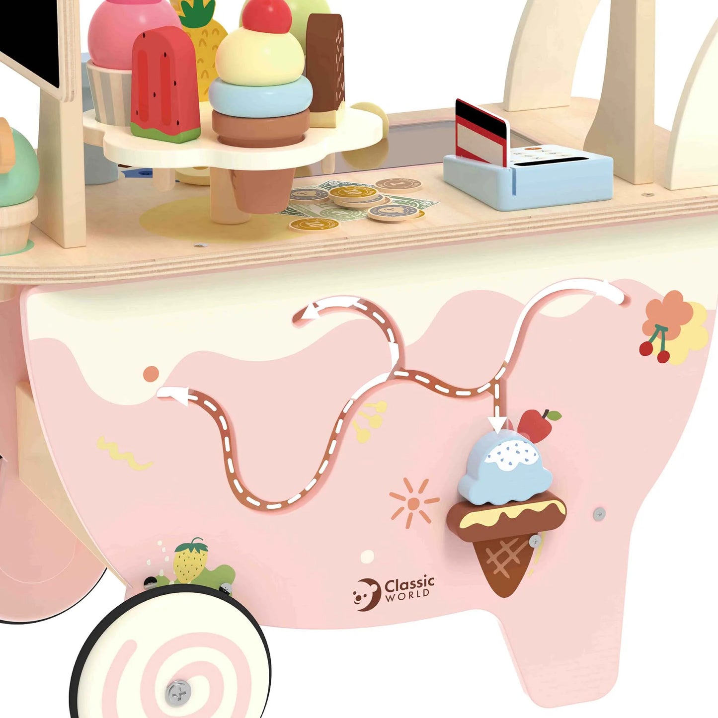 Pink toy ice cream cart with ice cream cone design, featuring 'Classic World' branding.