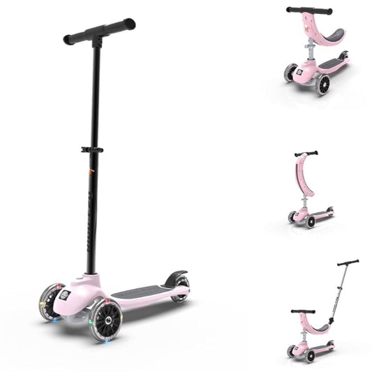 Set of pink scooter with various attachments on a white background