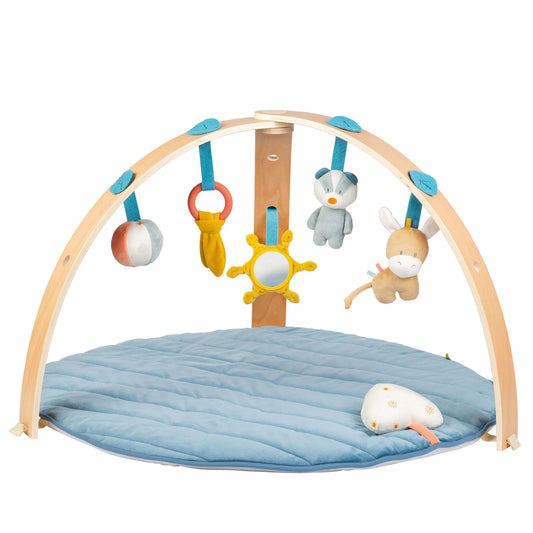Baby play gym with hanging toys on a white background