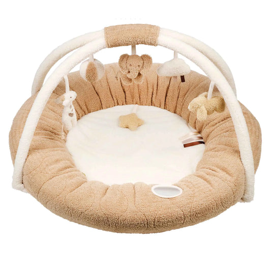 Beige baby play mat with toys on a white background