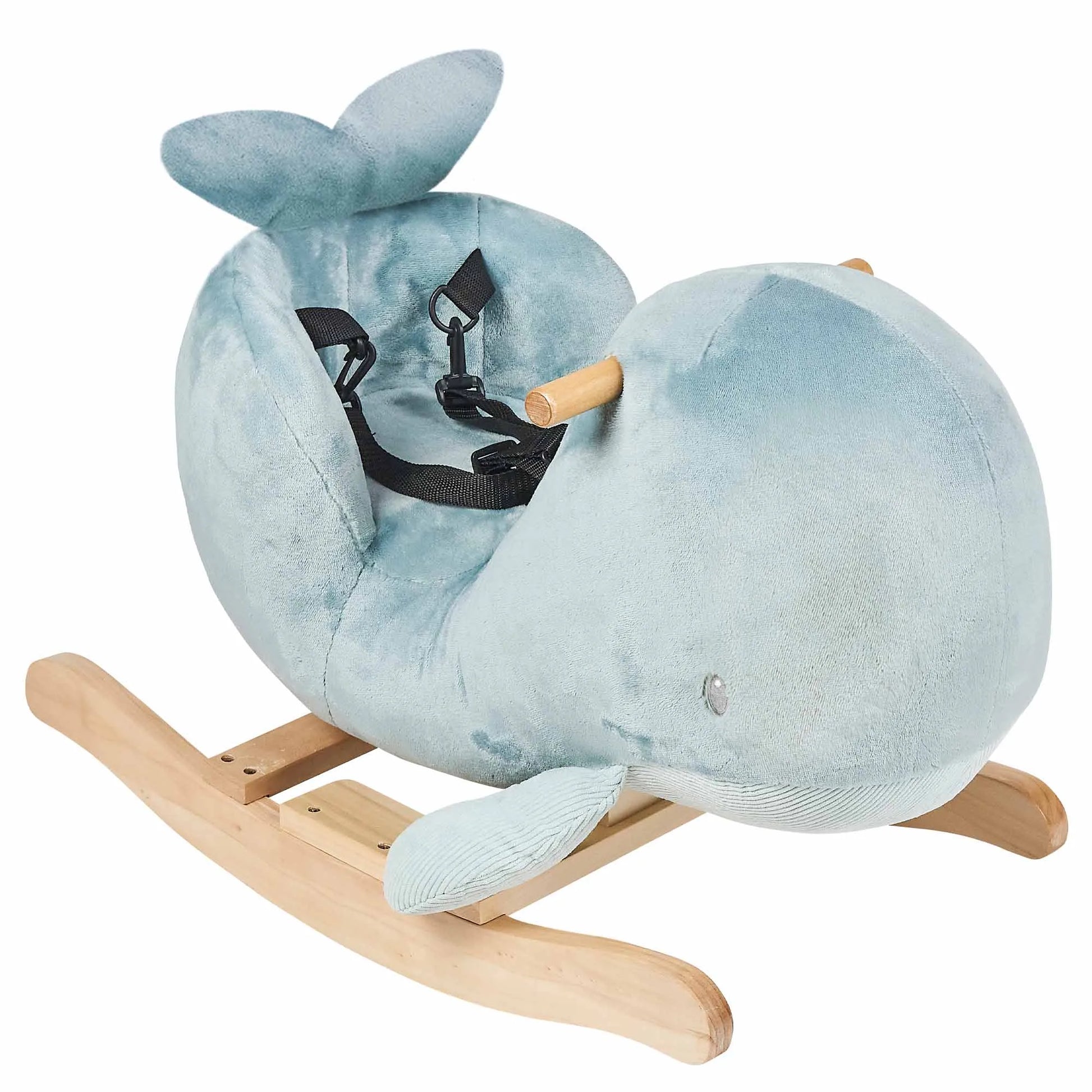Plush whale-shaped rocking toy on a white background