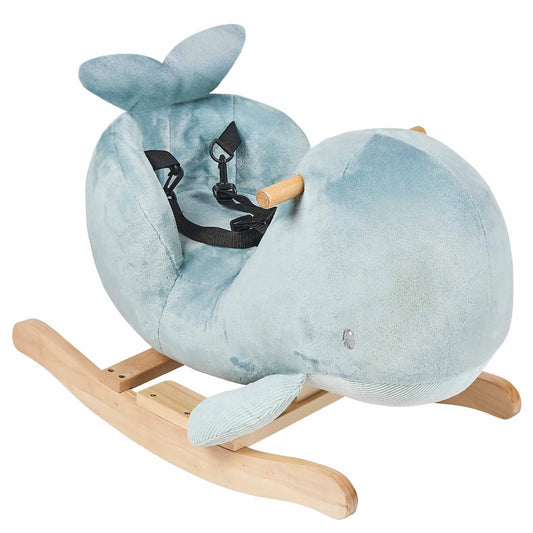 Plush whale-shaped rocking toy on a white background