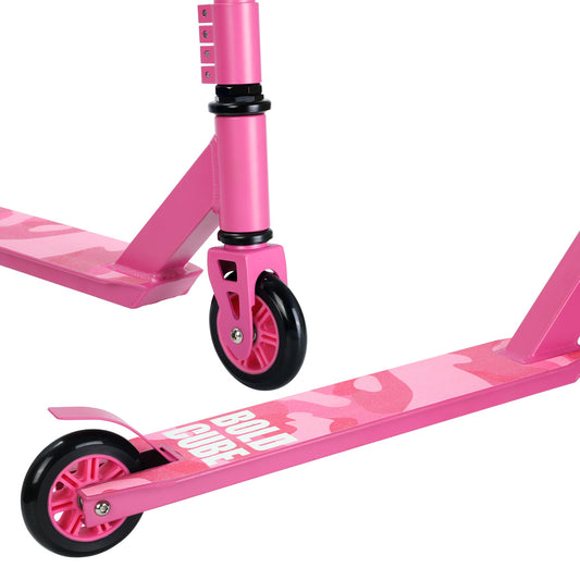 Pink scooter with black wheels on a white background
