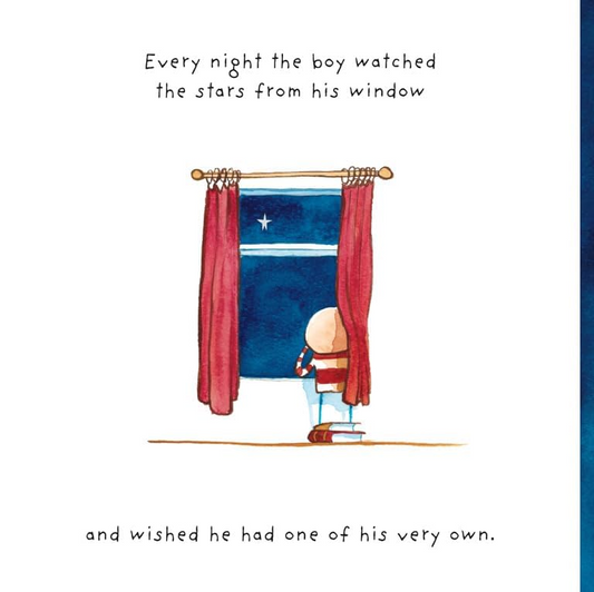 Illustration of a boy looking out a window at a starry night sky with another figure inside a house.