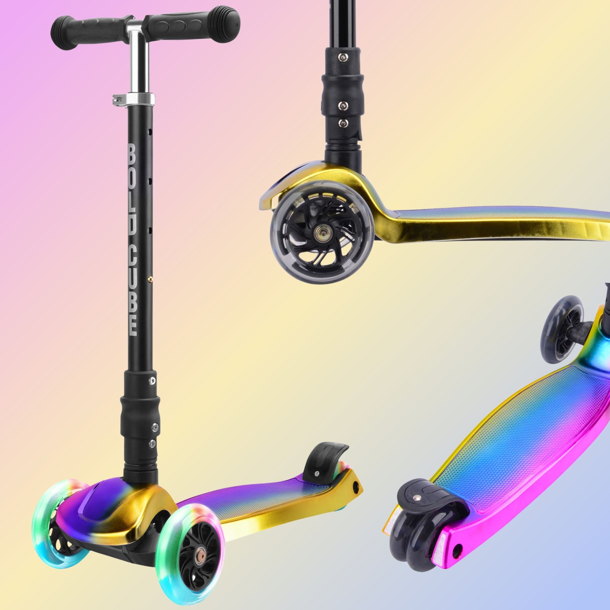 Three colorful scooters with gradient wheels on a gradient background
