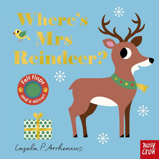 Book cover of 'Where's Mrs Reindeer?' with a reindeer illustration on a blue background.