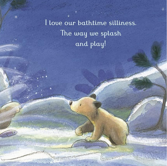 Illustration of a baby bear splashing their mummy page from book