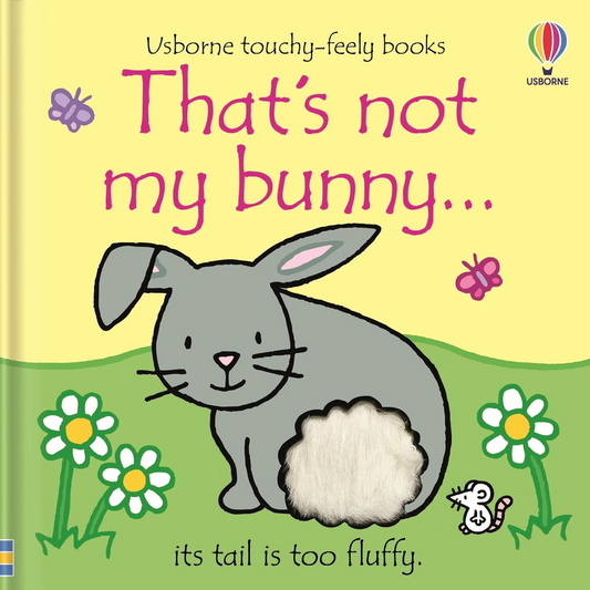Book cover of 'That's not my bunny...' with a gray rabbit illustration on a yellow background.
