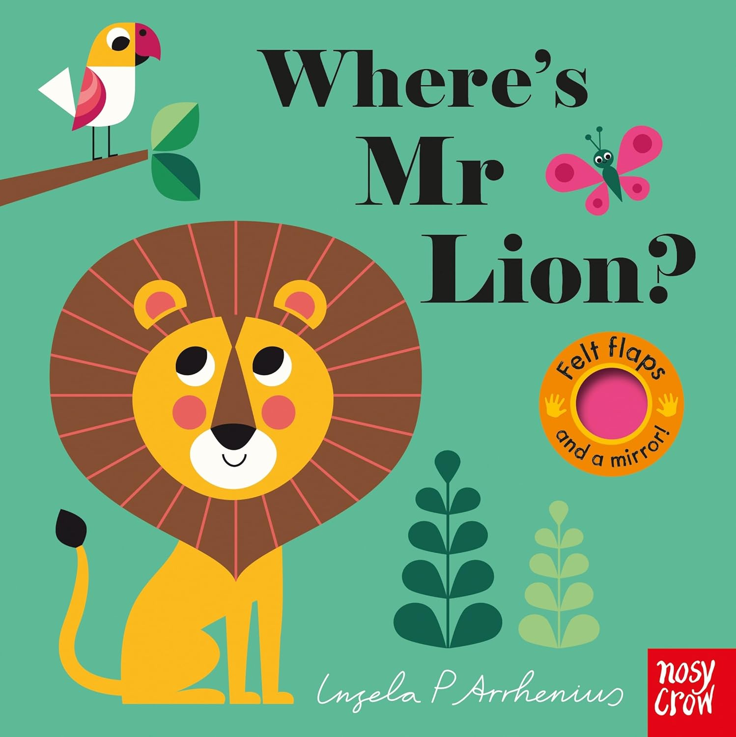 Book cover of 'Where's Mr Lion?' with a lion illustration and colorful elements on a green background.