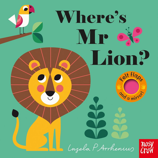 Book cover of 'Where's Mr Lion?' with a lion illustration and colorful elements on a green background.