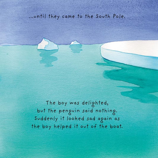 Illustration of a boy in a boat with a penguin near an ice floe, with text about reaching the South Pole.