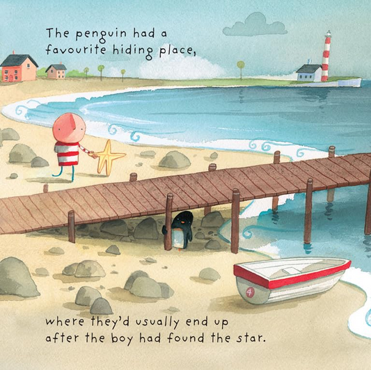 Illustration of a penguin on a beach with a pier and boat, featuring text about a boy finding a star.