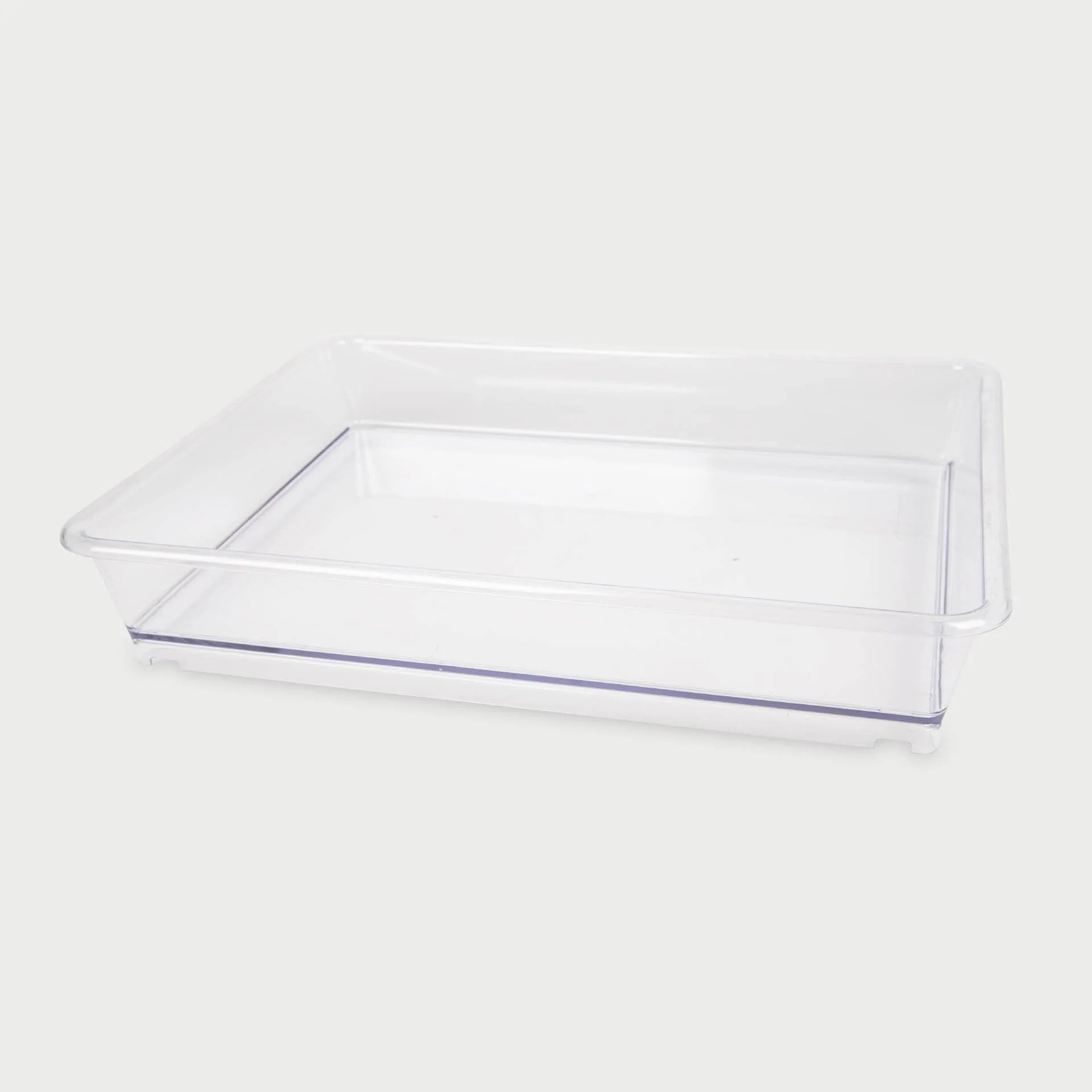 Clear plastic tray on a white background