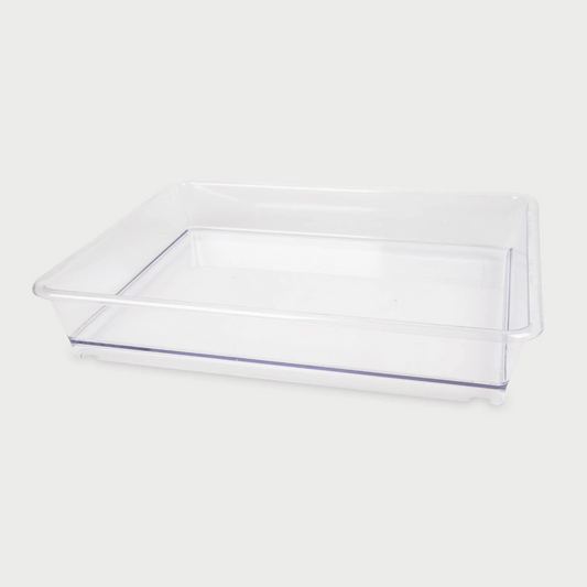 Clear plastic tray on a white background