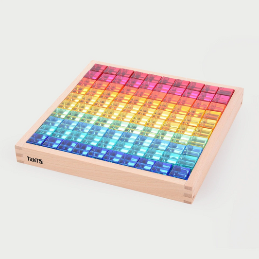 Gem acrylic cubes in a wooden tray