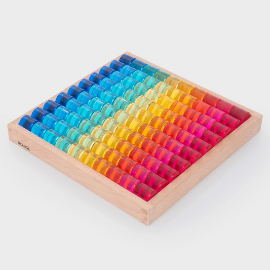 Colourful acrylic Gem Circles in a wooden tray