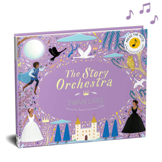 Children's book titled 'The Story Orchestra Swan Lake' with musical notes above it on a white background.