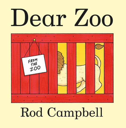 Book cover of 'Dear Zoo' by Rod Campbell with a lion behind a red fence.