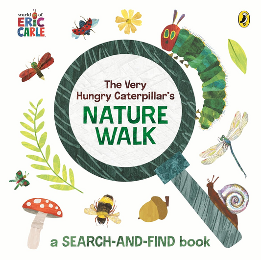 Book cover of 'The Very Hungry Caterpillar's Nature Walk' with illustrations of a caterpillar, magnifying glass, and nature elements.