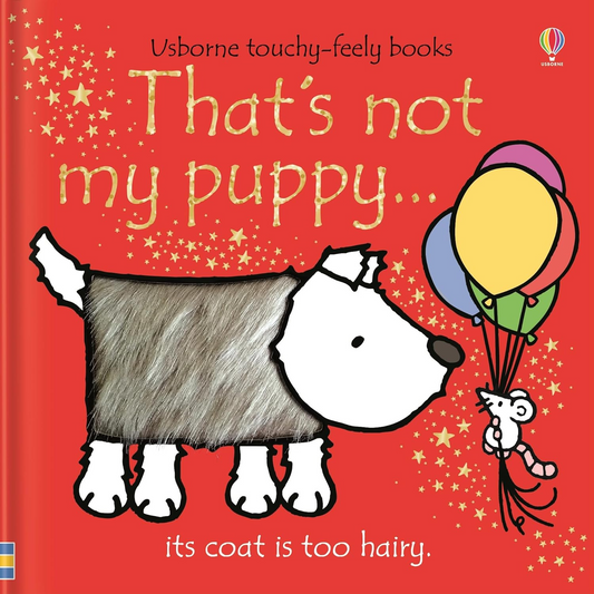 Book cover of 'That's not my puppy' with a dog and mouse illustration on a red background.