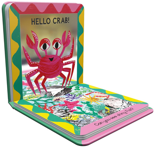 Children's book with a crab illustration on a white background