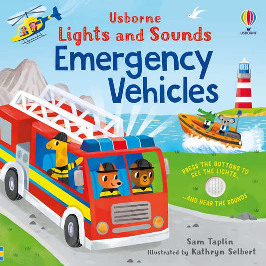 Book cover of 'Lights and Sounds Emergency Vehicles' by Usborne with a fire truck, helicopter, and lifeboat on a colorful background.