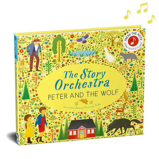 Children's book titled 'The Story Orchestra Peter and the Wolf' with colorful illustrations on a white background.